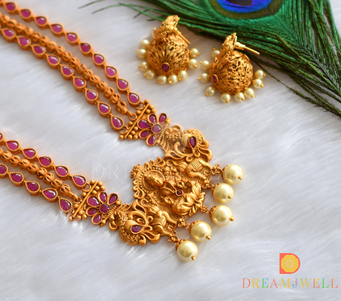 Matte finish semiprecious ruby Lakshmi multilayer haar set dj-14249