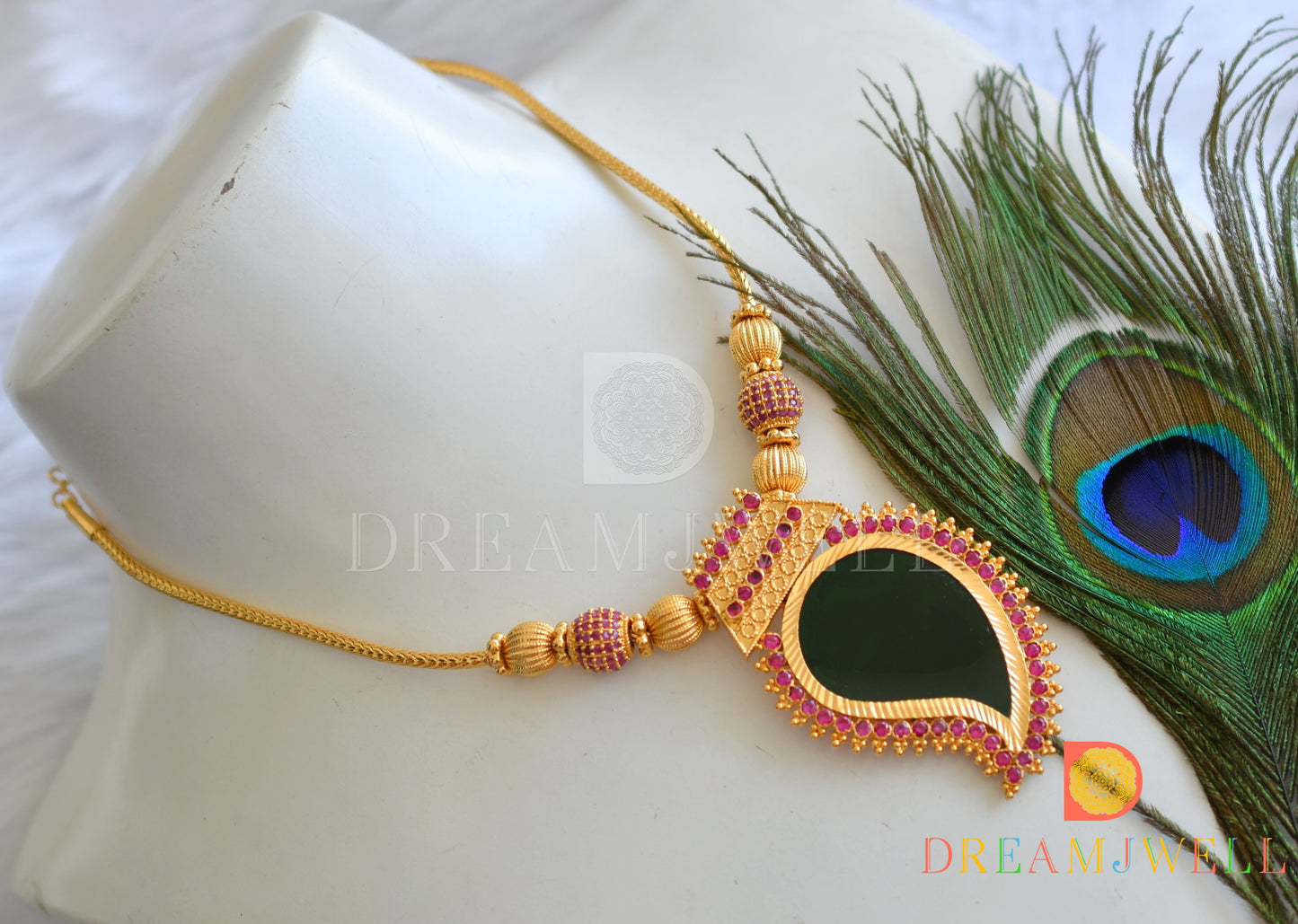 Gold tone pink-green mango pendant Kerala style necklace dj-38103