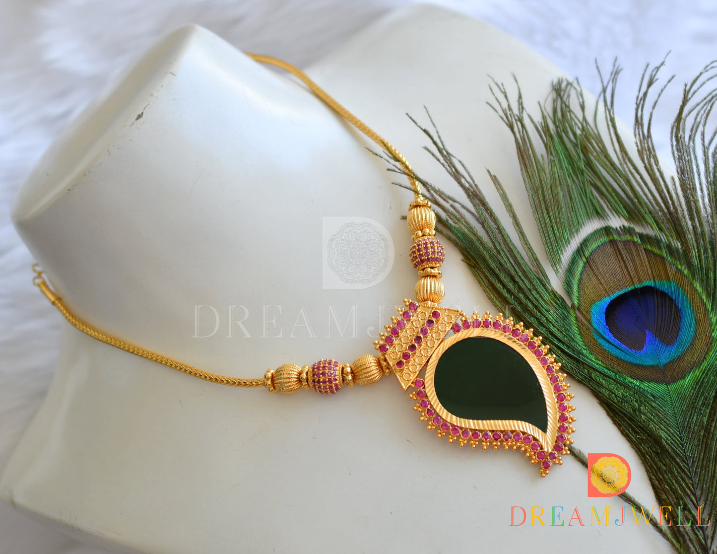 Gold tone pink-green mango pendant Kerala style necklace dj-38103