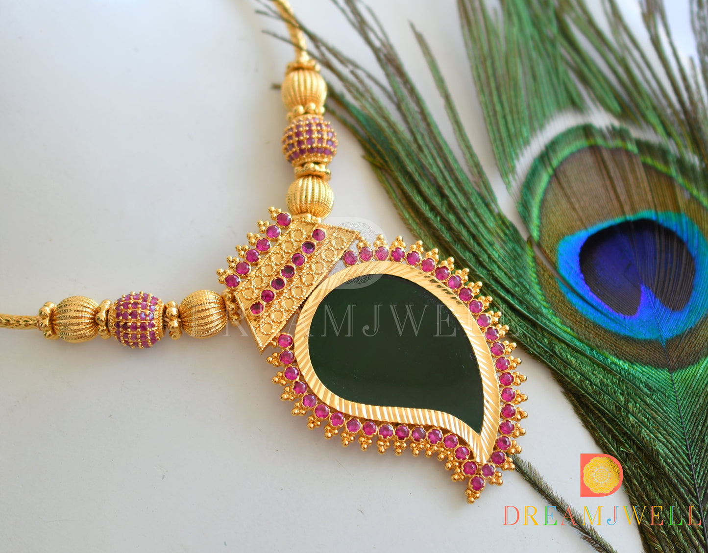 Gold tone pink-green mango pendant Kerala style necklace dj-38103