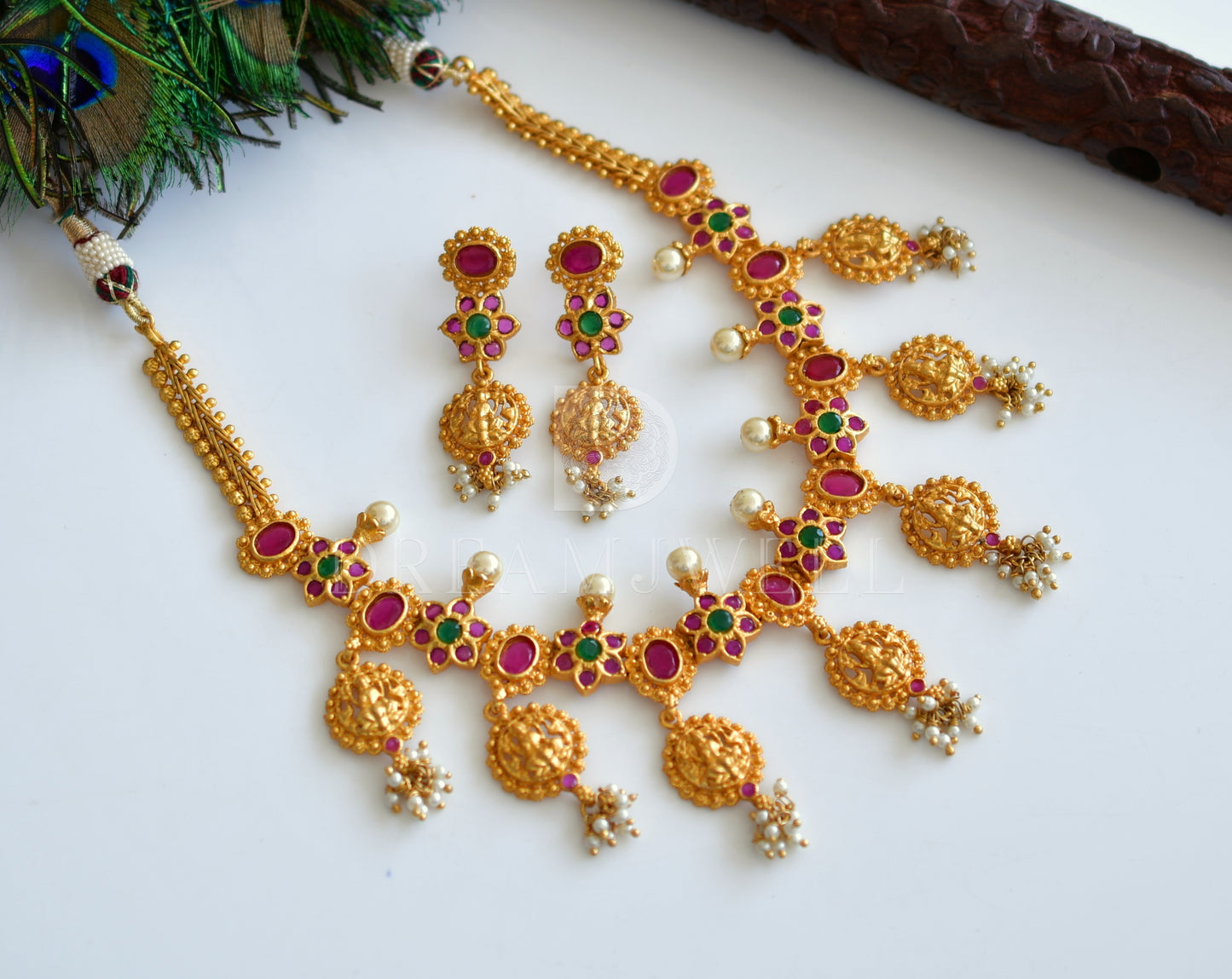 Gold Plated gutta poosalu ruby-emerald lakshmi necklace set dj-06211