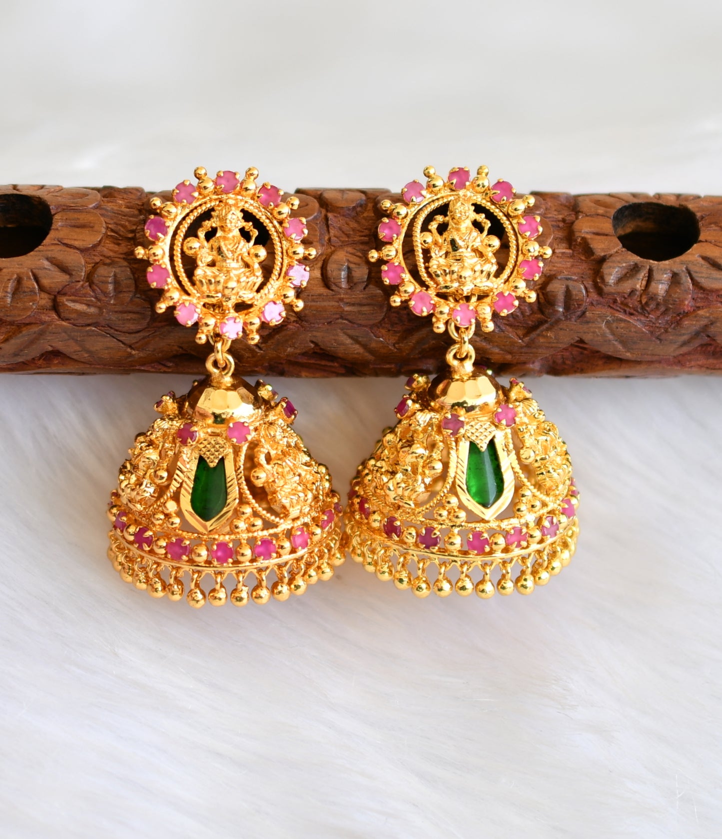 Gold tone pink-green nagapadam Lakshmi Kerala style 3 petal jhumkka dj-38040