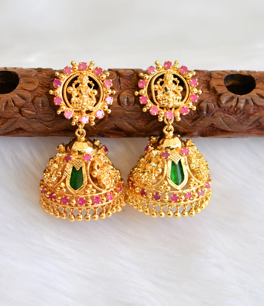 Gold tone pink-green nagapadam Lakshmi Kerala style 3 petal jhumkka dj-38040