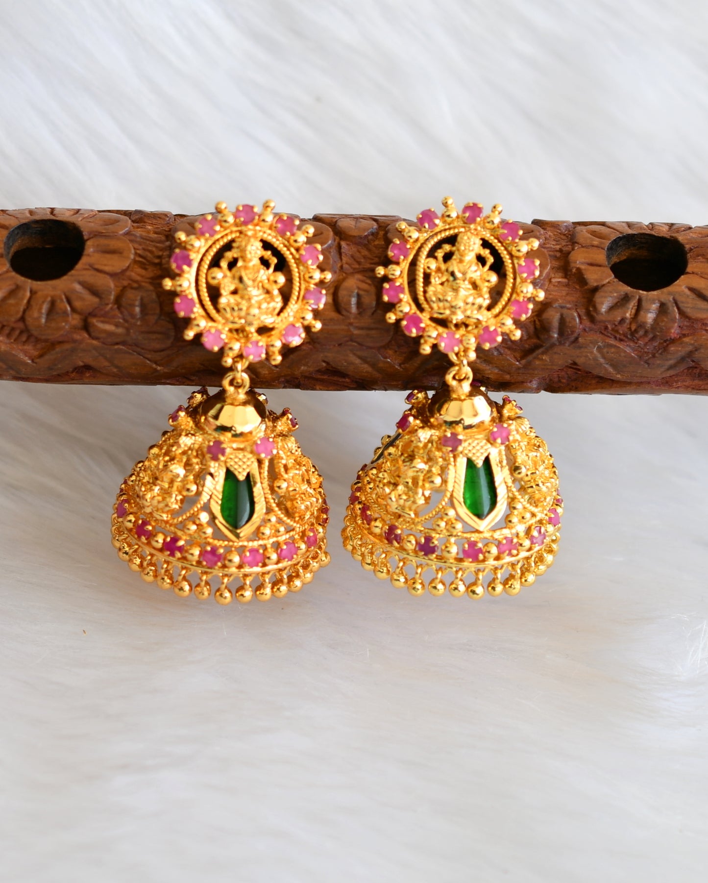 Gold tone pink-green nagapadam Lakshmi Kerala style 3 petal jhumkka dj-38040