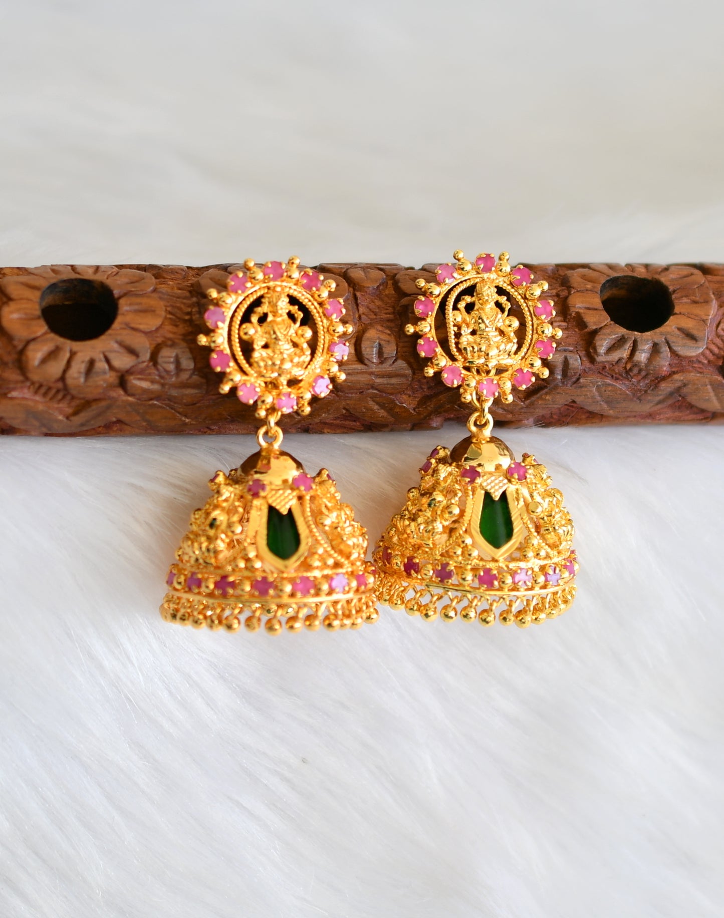 Gold tone pink-green nagapadam Lakshmi Kerala style 3 petal jhumkka dj-38040