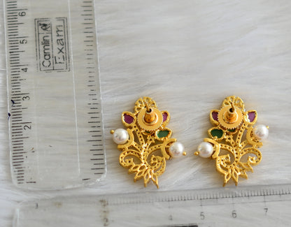 Gold tone cz ruby-green pearl flower stud/earrings dj-41681