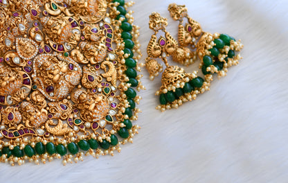 Matte finish cz huge kemp-green-white gutta pusalu with green beads Lakshmi-peacock choker set dj-40369