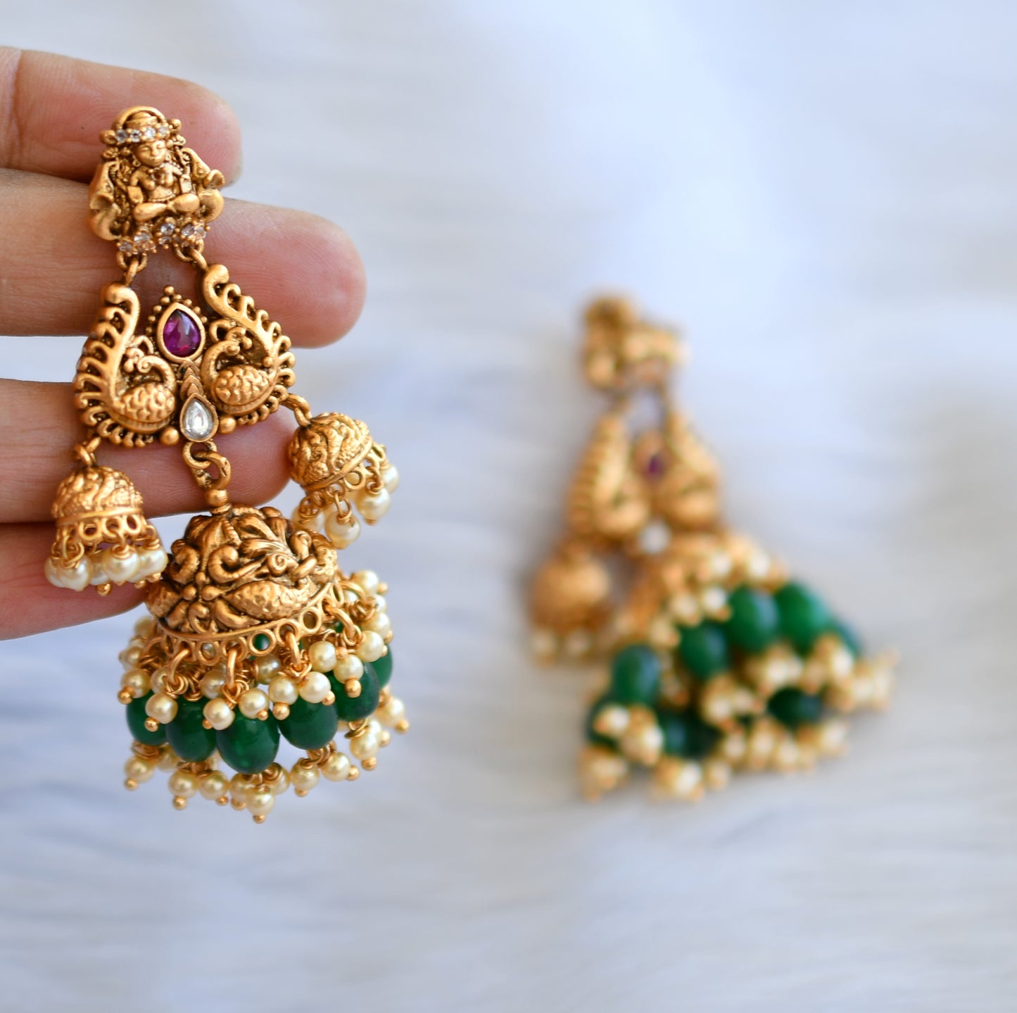 Matte finish cz huge kemp-green-white gutta pusalu with green beads Lakshmi-peacock choker set dj-40369