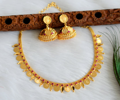 Gold tone Pink Lakshmi coin necklace set dj-33772