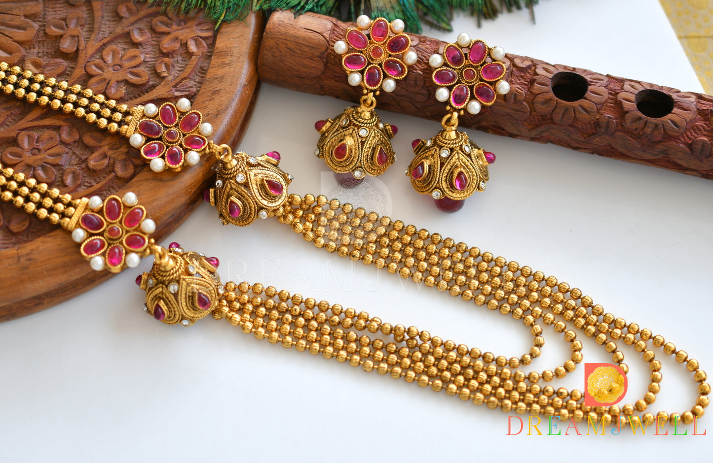 Antique Pink Designer Multilayer Mugappu Necklace Set dj-24438