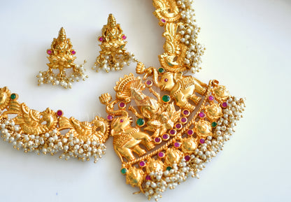 Gold tone ruby-emerald Pearl cluster Gajalakshmi peacock necklace set dj-10903