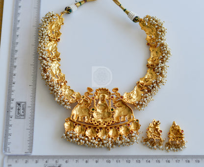 Gold tone ruby-emerald Pearl cluster Gajalakshmi peacock necklace set dj-10903