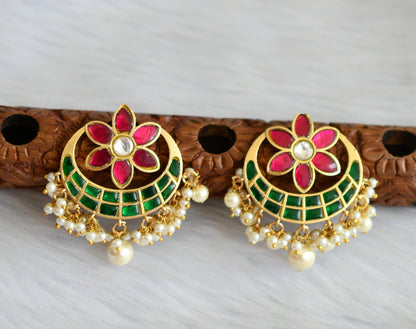 Gold tone pink-green-white kundan jadau flower moon earrings dj-41685