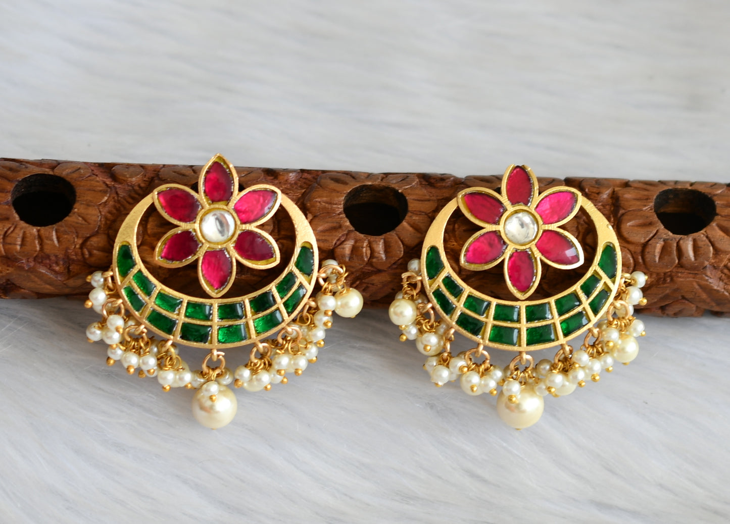 Gold tone pink-green-white kundan jadau flower moon earrings dj-41685