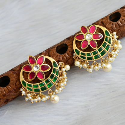 Gold tone pink-green-white kundan jadau flower moon earrings dj-41685