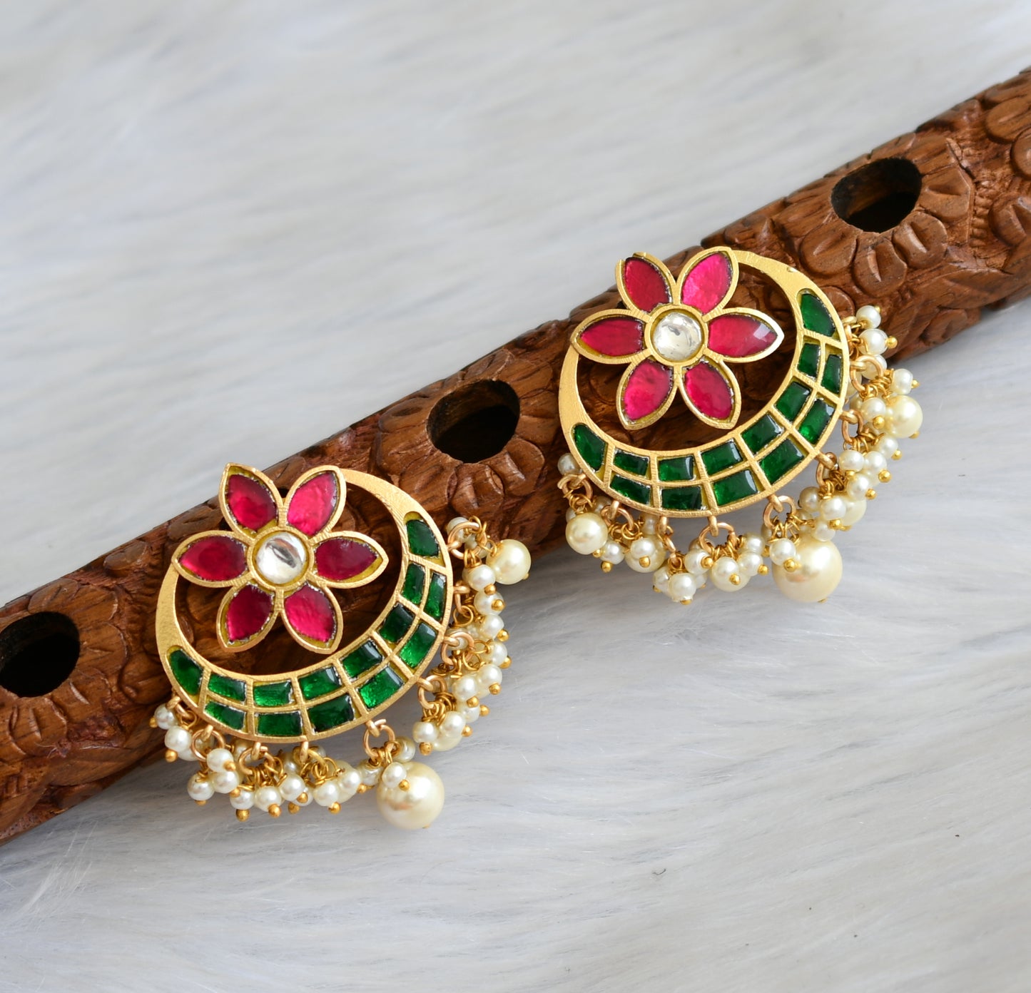 Gold tone pink-green-white kundan jadau flower moon earrings dj-41685