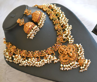 Matte finish kemp-green Lakshmi-peacock pearl cluster necklace set dj-40374