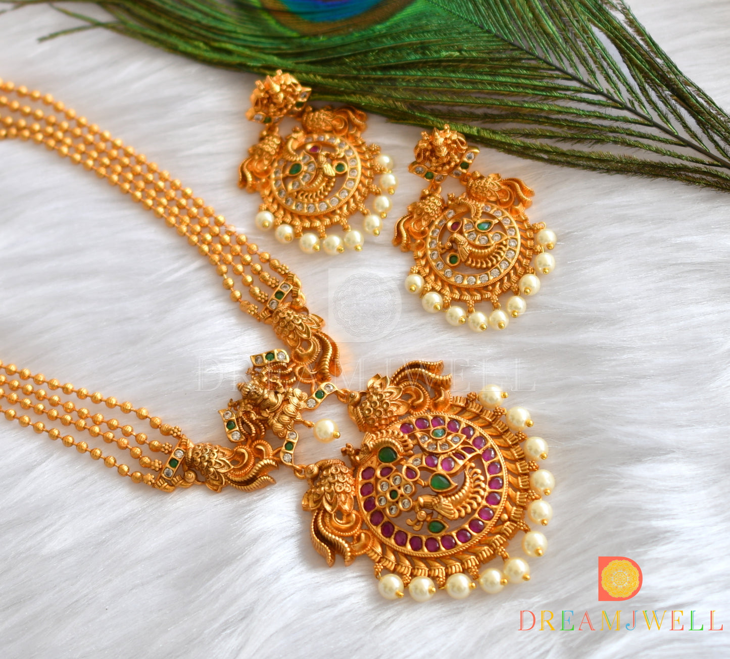 Matte finish semiprecious ruby-emerald Lakshmi haar set dj-12944