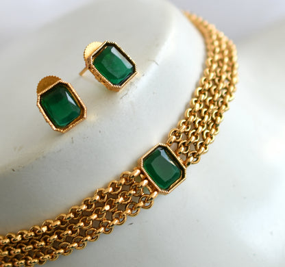 Antique gold green block stone choker necklace set dj-39684