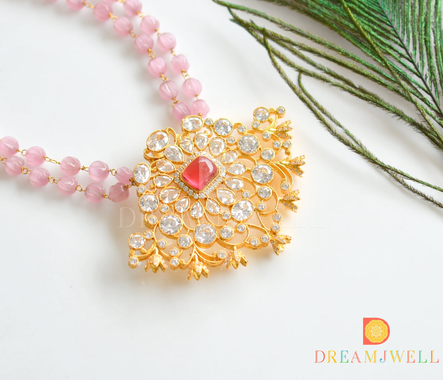 Gold look alike Moissanite pink-white stone designer necklace dj-36622