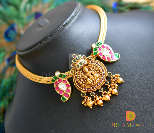 Antique gold pink-green-white kundan jadau Lakshmi-mango necklace dj-36590