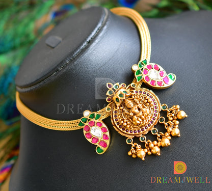 Antique gold pink-green-white kundan jadau Lakshmi-mango necklace dj-36590