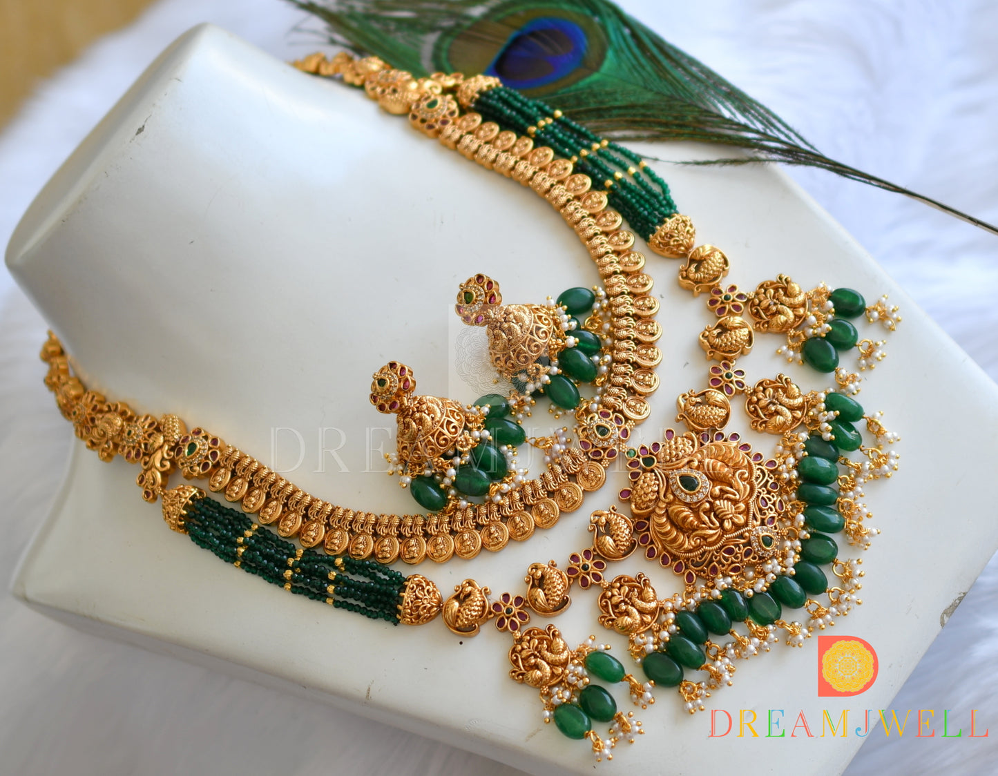 Matte finish cz white-kemp-green swan-Lakshmi coin double layer short haar set dj-38124