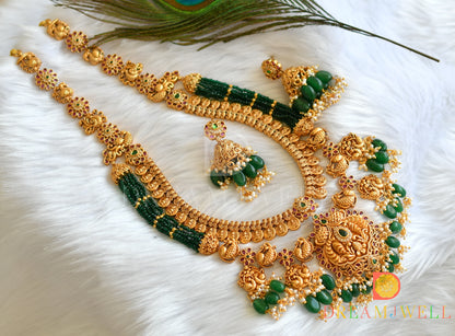 Matte finish cz white-kemp-green swan-Lakshmi coin double layer short haar set dj-38124