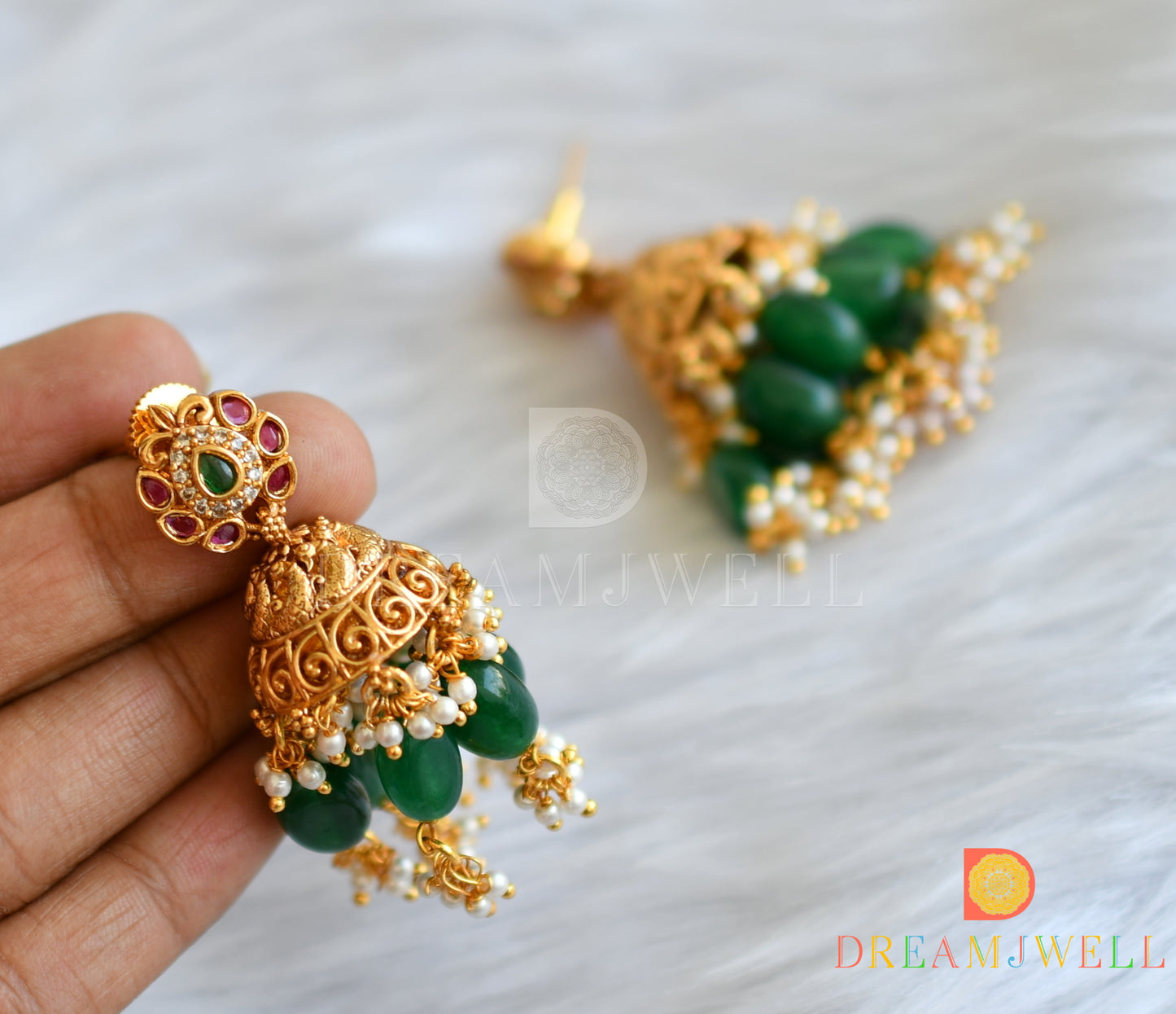 Matte finish cz white-kemp-green swan-Lakshmi coin double layer short haar set dj-38124