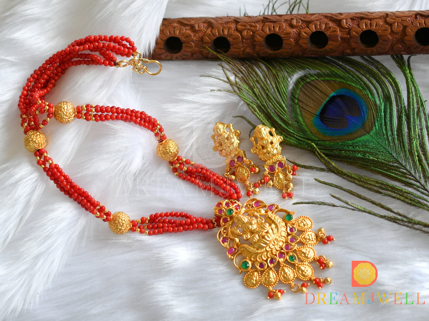 Matte Finish Ruby-emerald Coral beaded Lakshmi Haar Set-dj13222