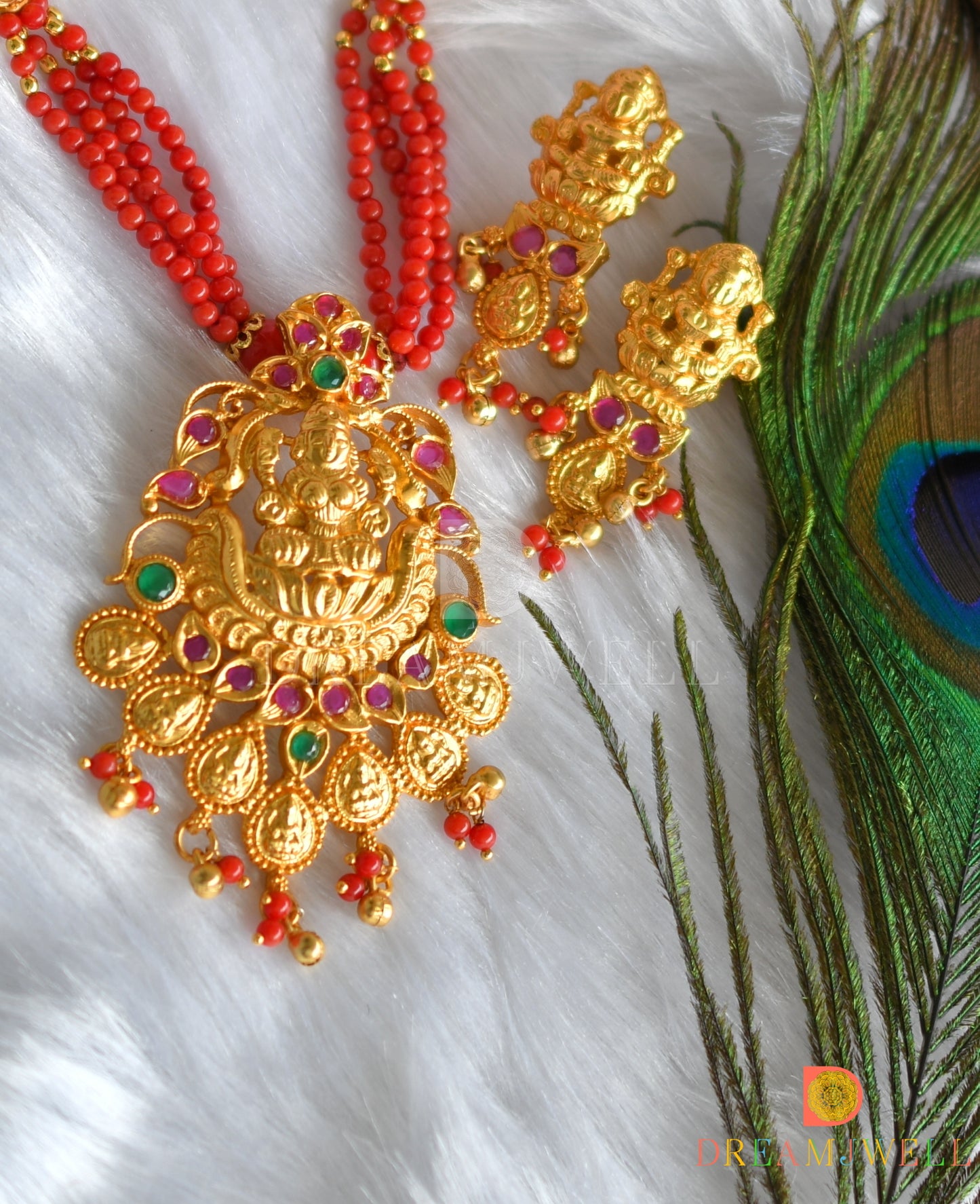 Matte Finish Ruby-emerald Coral beaded Lakshmi Haar Set-dj13222