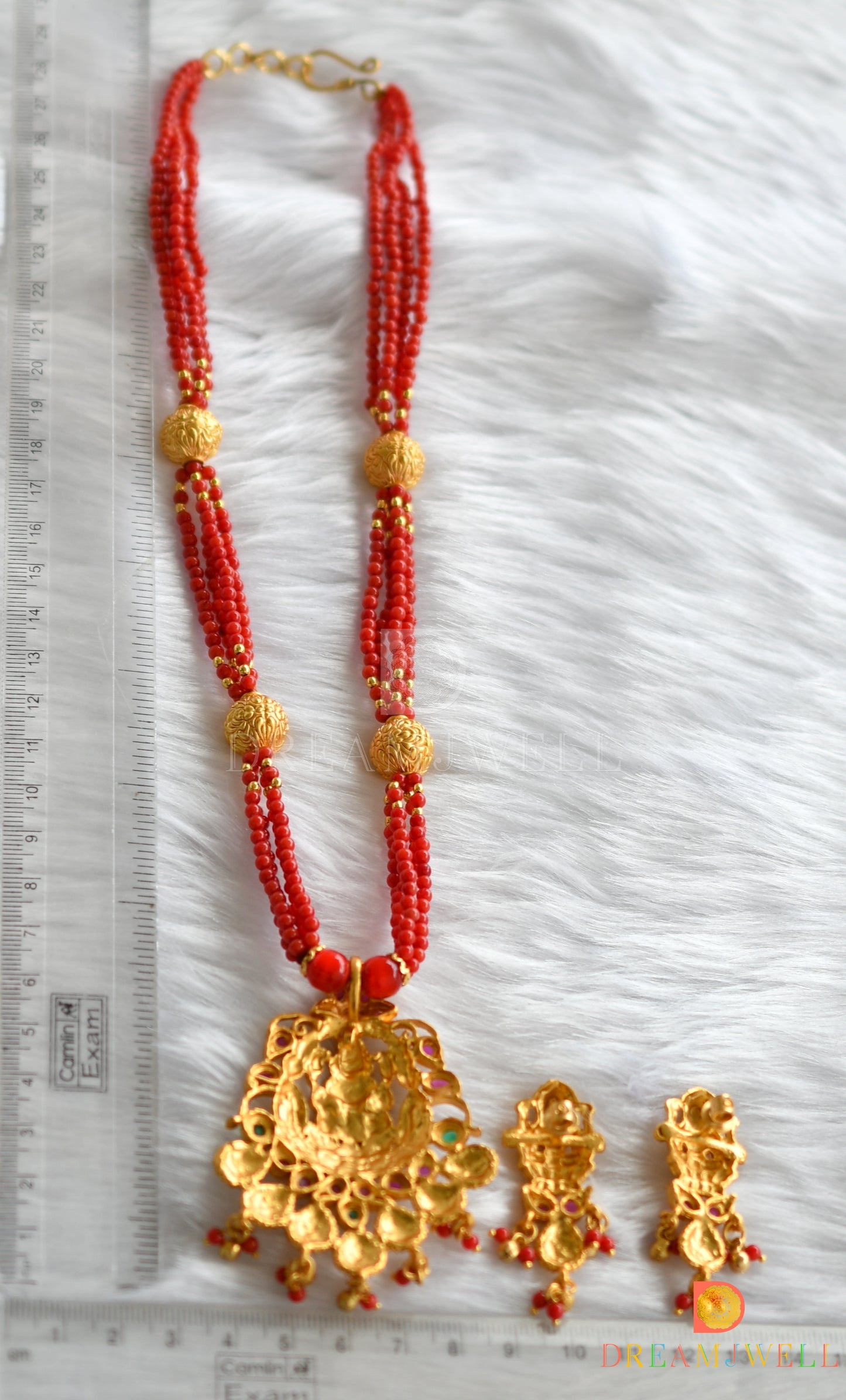 Matte Finish Ruby-emerald Coral beaded Lakshmi Haar Set-dj13222