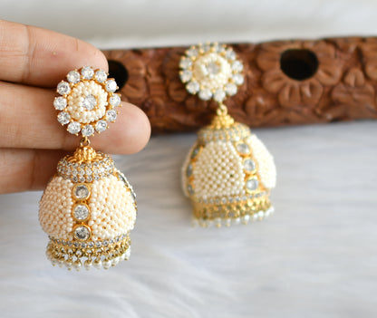 Gold tone cz white pearl jhumkka dj-18894