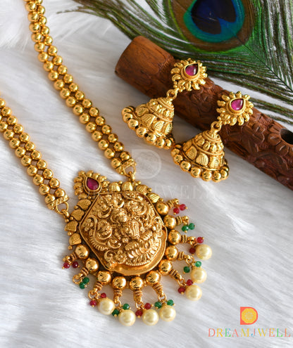 Antique gold tone Ruby-green pearl Lakshmi haar set dj-11509