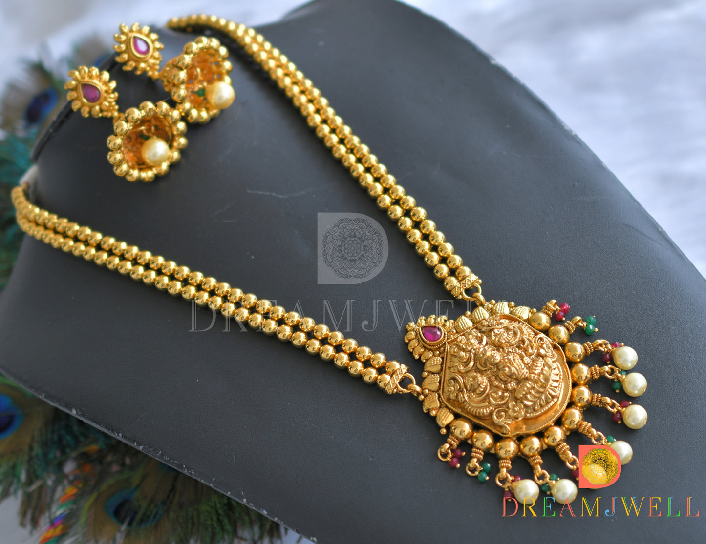 Antique gold tone Ruby-green pearl Lakshmi haar set dj-11509