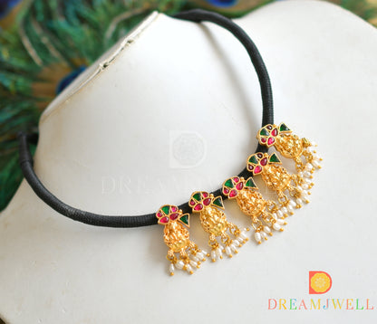 Gold look black alike pink-green kundan jadau Lakshmi rice pearl necklace dj-36587