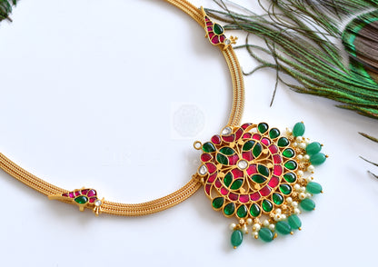 Gold tone red-green Kundan jadau peacock designer necklace dj-35906