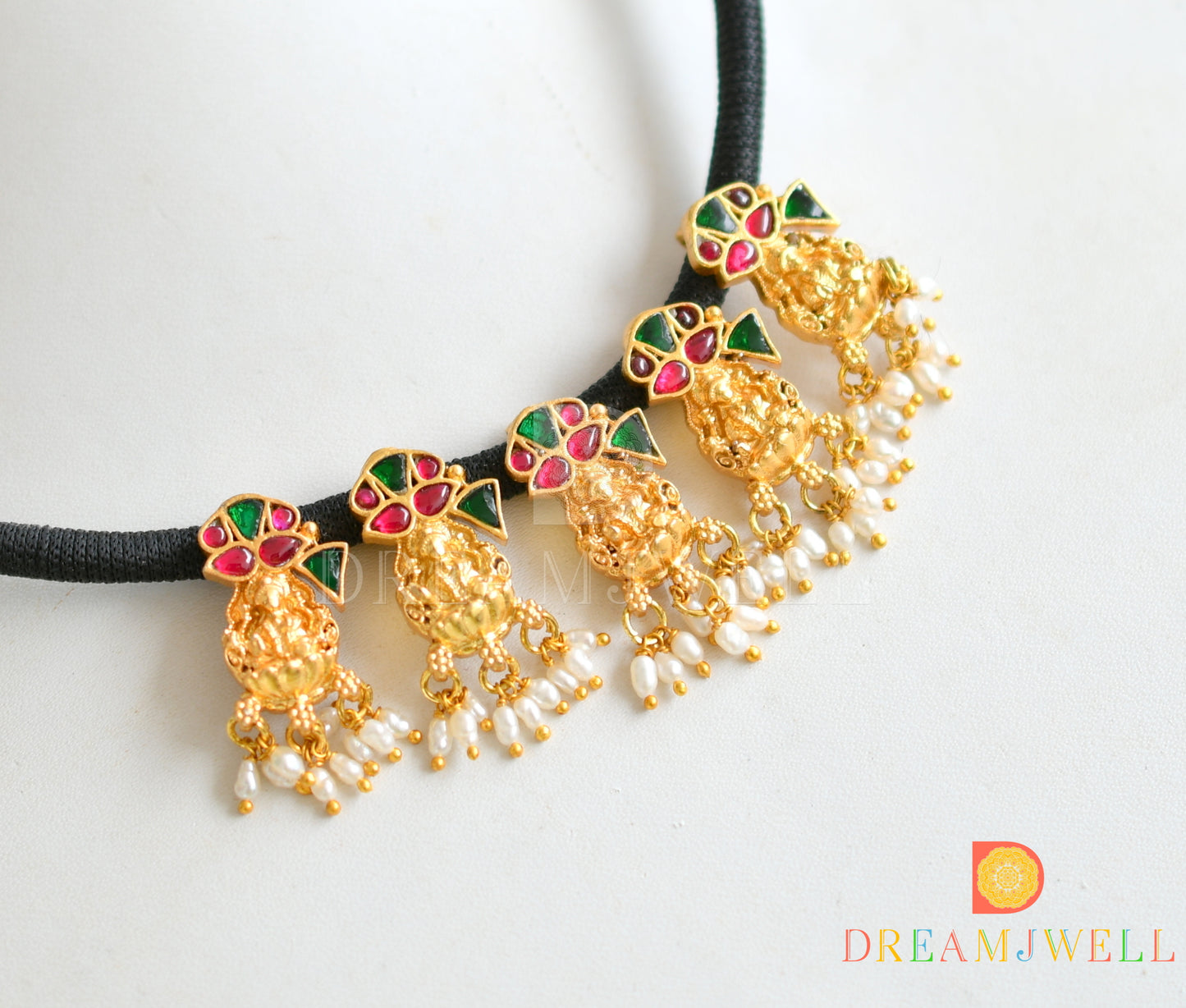 Gold look black alike pink-green kundan jadau Lakshmi rice pearl necklace dj-36587