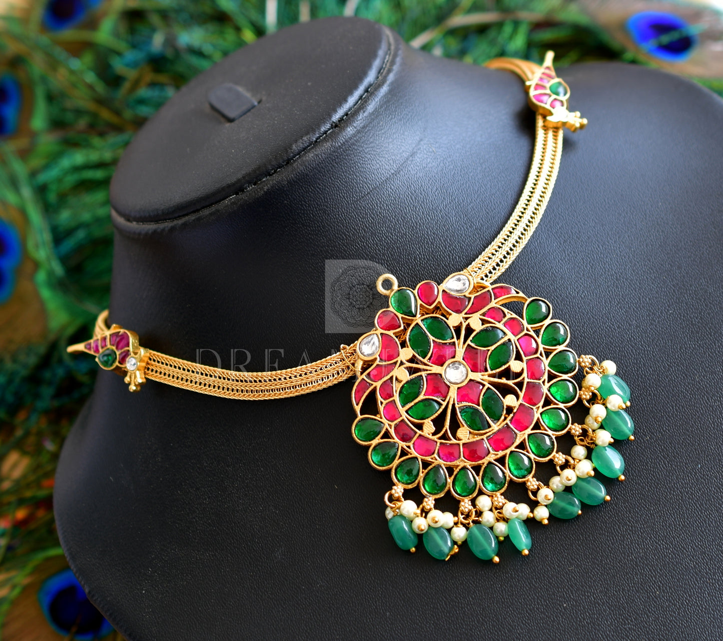 Gold tone red-green Kundan jadau peacock designer necklace dj-35906