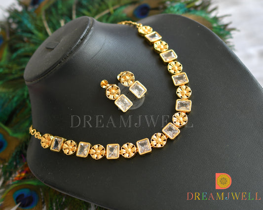 Gold tone flower white block stone sufi necklace set dj-37397