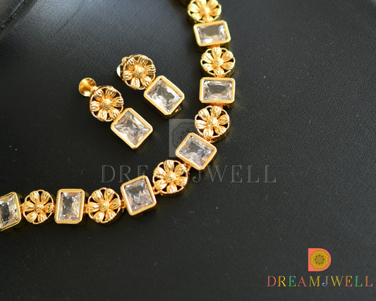 Gold tone flower white block stone sufi necklace set dj-37397