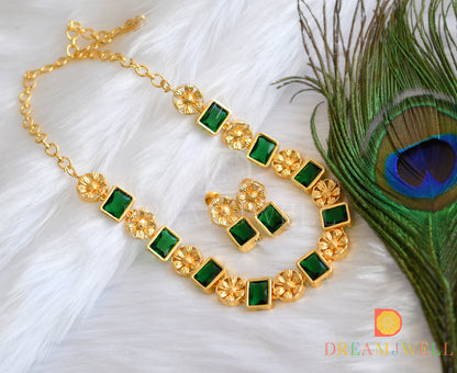 Gold tone flower bottle green block stone sufi necklace set dj-37398