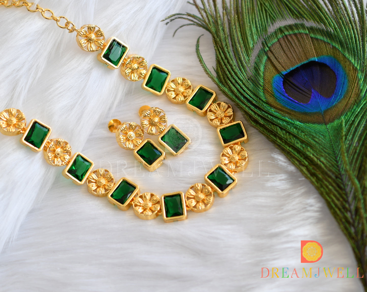 Gold tone flower bottle green block stone sufi necklace set dj-37398