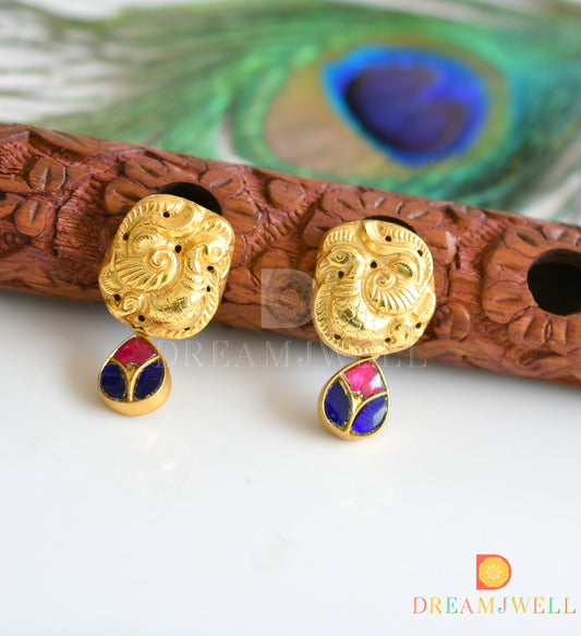 Gold look alike pink-blue kundan jadau swan earrings dj-36617