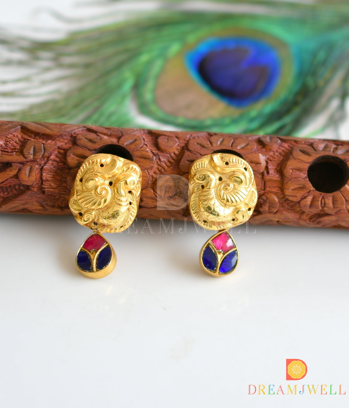 Gold look alike pink-blue kundan jadau swan earrings dj-36617