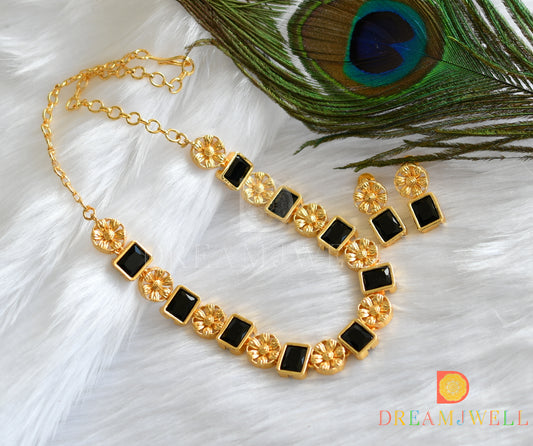 Gold tone flower black block stone sufi necklace set dj-37399