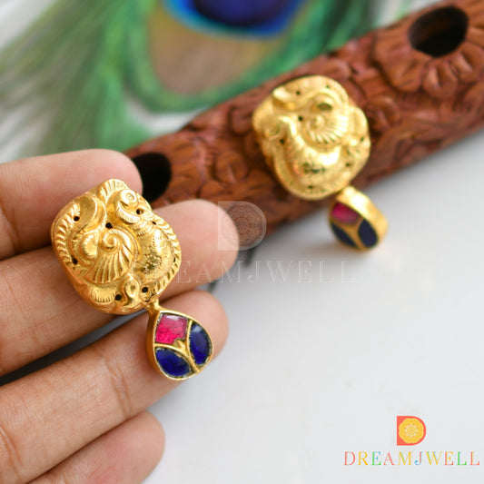 Gold look alike pink-blue kundan jadau swan earrings dj-36617