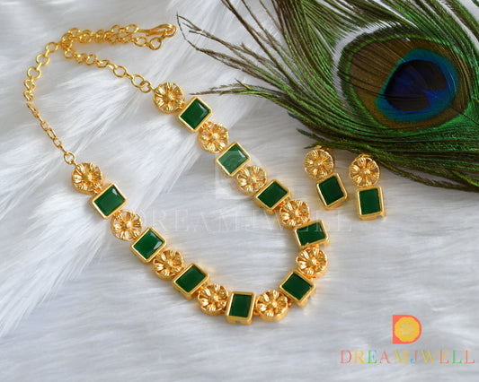 Gold tone flower emerald block stone sufi necklace set dj-37400