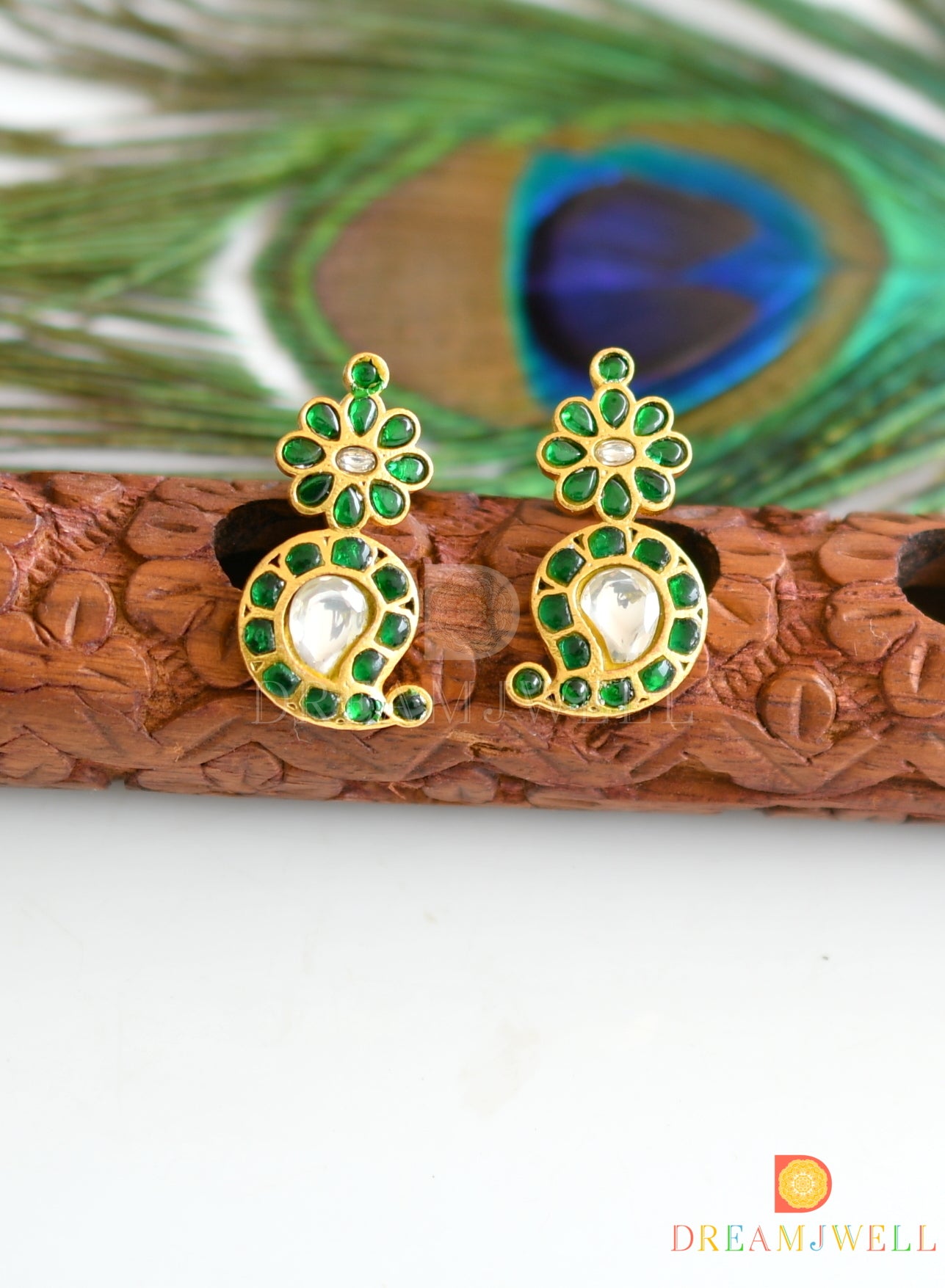 Gold tone green-white kundan jadau mango earrings dj-36596