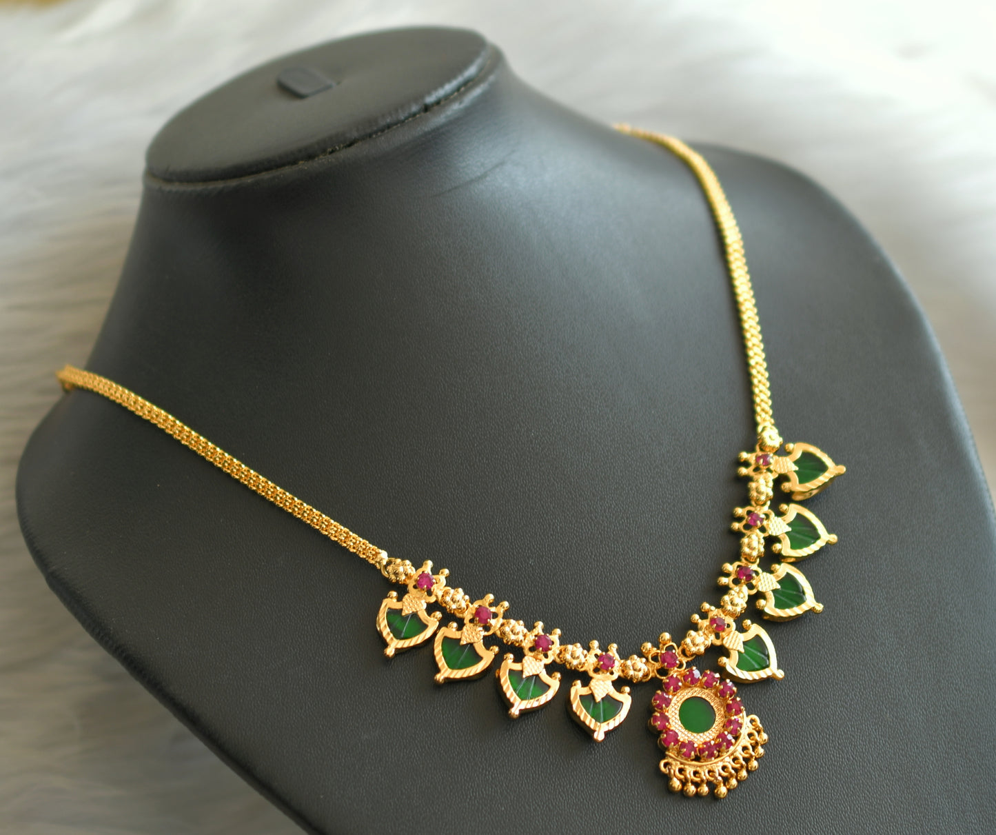 Gold tone pink-green palakka necklace dj-18931